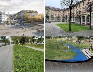 Vier Bilder oder Visualisierungen unterschiedlicher Szenen im Stadtraum.
