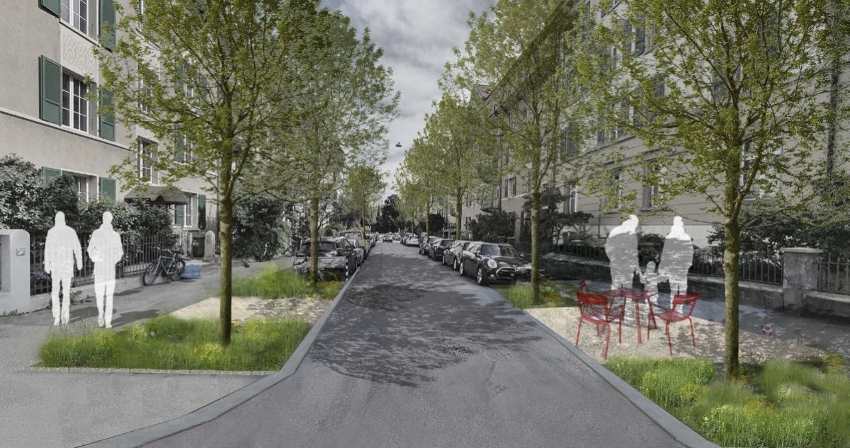 Visualisierung einer Wohnstrasse mit bepflanzten Versicherungsflächen